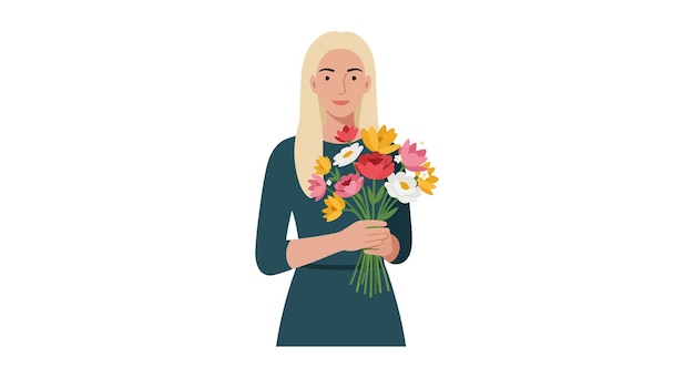 Donna che tiene un colorato bouquet di fiori in un'illustrazione vettoriale piatta minima