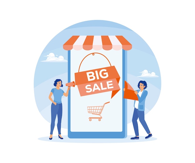 Donna che usa il megafono Promozioni digitali per lo shopping online Concetto Big Sale Illustrazione vettoriale piatta