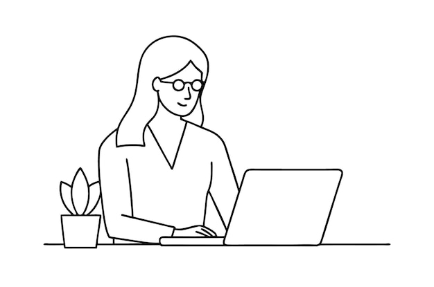 Donna che usa un computer portatile Disegno vettoriale di donna che usa un laptop Arte a linee continue