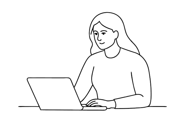 Donna che usa un computer portatile Disegno vettoriale di donna che usa un laptop Arte a linee continue