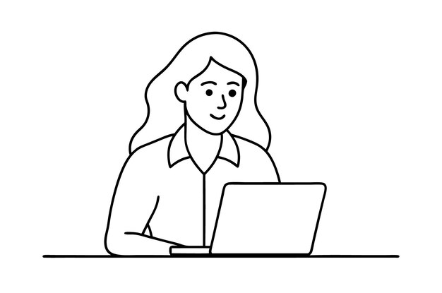 Donna che usa un computer portatile Disegno vettoriale di donna che usa un laptop Arte a linee continue