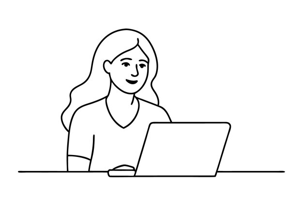 Donna che usa un computer portatile Disegno vettoriale di donna che usa un laptop Arte a linee continue