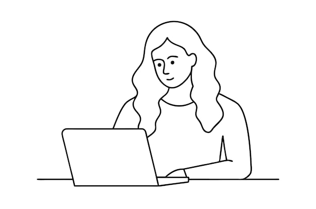 Donna che usa un computer portatile Disegno vettoriale di donna che usa un laptop Arte a linee continue