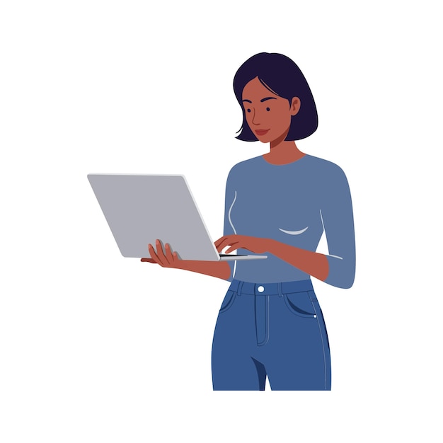 Donna che usa un portatile in illustrazione vettoriale in stile piatto con abiti casuali e design moderno