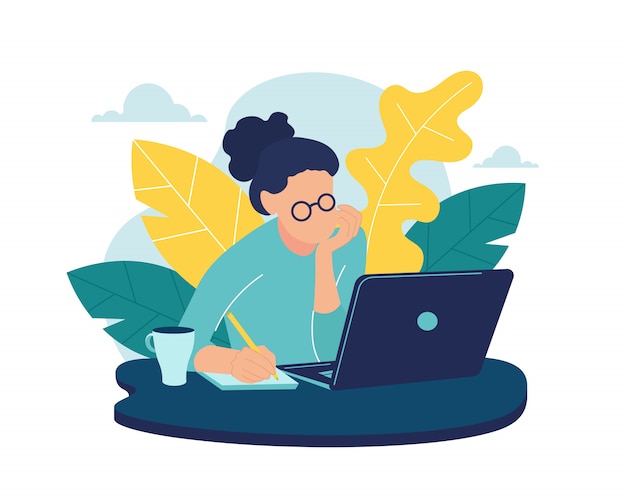 Donna che usando l'illustrazione piana del computer portatile. Lavorare da casa, lavoro remoto