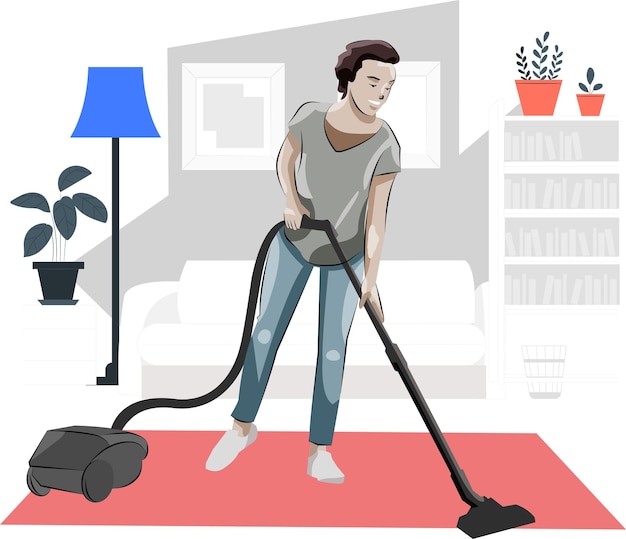 Donna che utilizza l'aspirapolvere nella vita sana del soggiorno