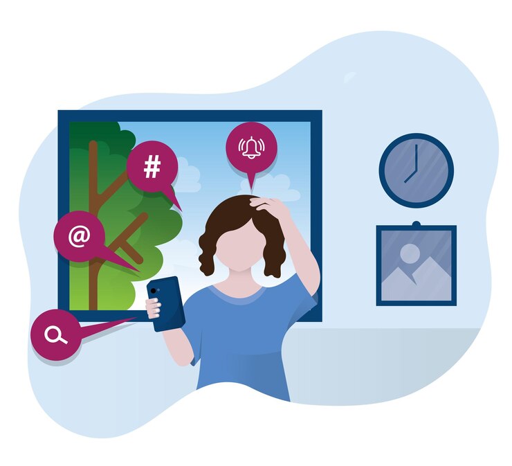 Vettore donna che utilizza l'illustrazione dell'icona dello smartphone donna con messaggi di testo del telefono cellulare nell'app dei social media persona che tiene lo smartphone