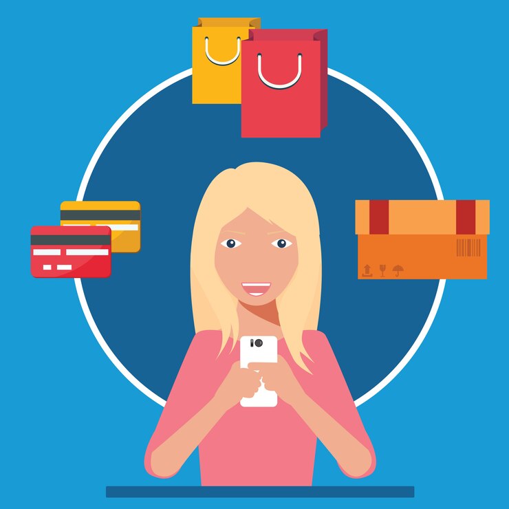 Vettore donna che utilizza smartphone per lo shopping. concetto di commercio mobile.