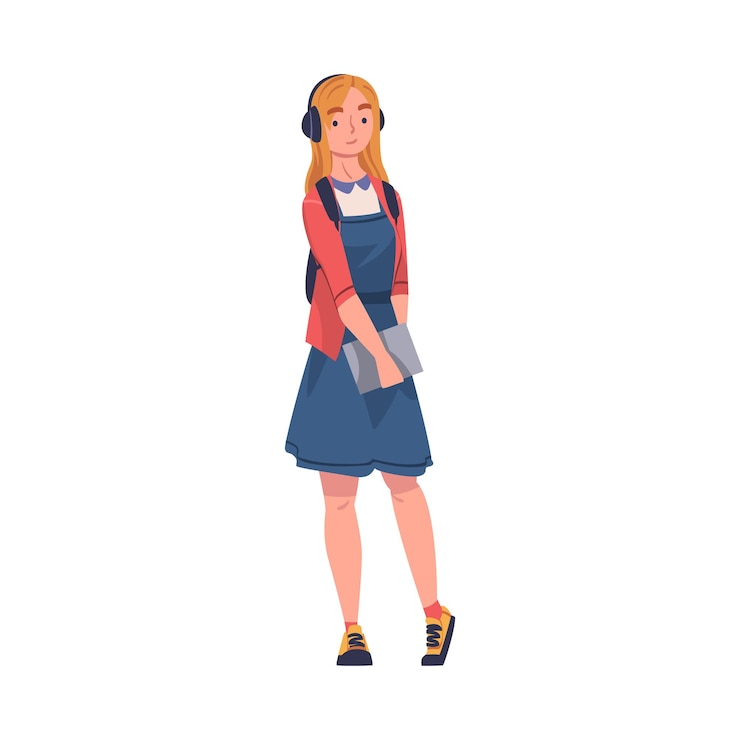 Vettore donna come moderna studentessa universitaria in piedi con zaino e illustrazione vettoriale di un libro