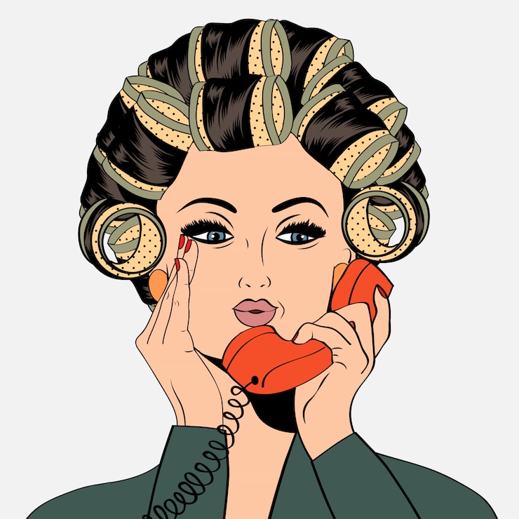 Vettore donna con bigodini nei capelli parlando al telefono