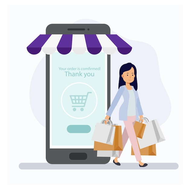 Donna con borse della spesa che esce dal negozio, concetto di negozio online di shopping con il cliente.