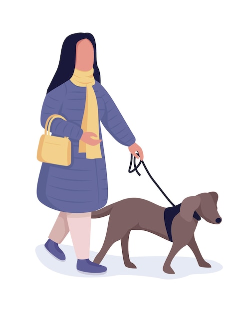 Donna con carattere di vettore di colore semi piatto cane. Figura ambulante. Persona completa del corpo su bianco. La ricreazione del fine settimana ha isolato l'illustrazione moderna in stile cartone animato per la progettazione grafica e l'animazione