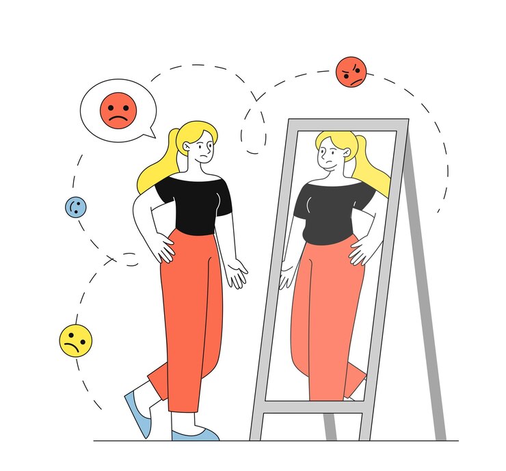 Vettore donna con disturbo mentale ragazza giovane con problemi psicologici persona con anoressia guarda allo specchio sentimenti ed emozioni negativi illustrazione vettoriale lineare