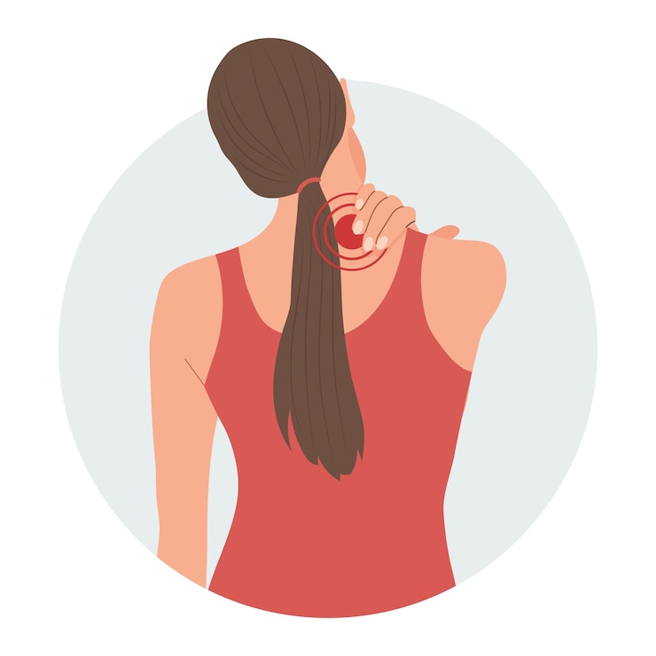 Vettore donna con dolore alle vertebre cervicali e lombari mal di schiena dolore muscolare osteoartrite