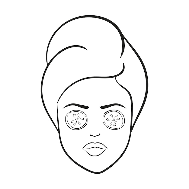 Donna con fette di cetriolo sugli occhi e con asciugamano sull'icona della linea della testa Vettore