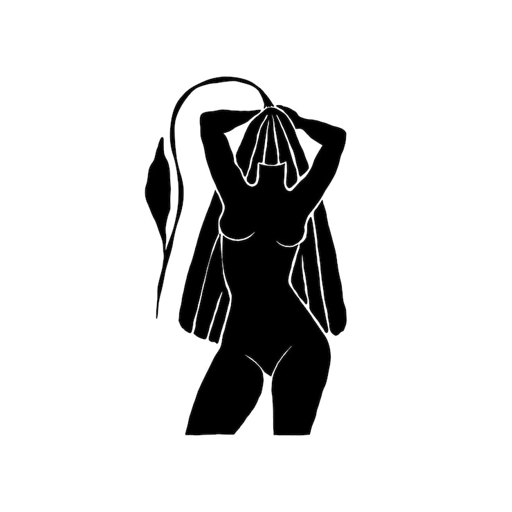 Vettore donna con fiori disegno in linocuto figura femminile illustrazione minimalista