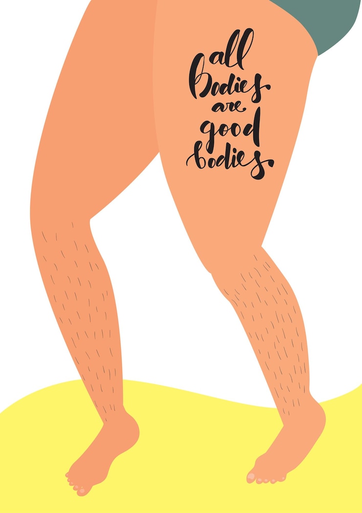Vettore donna con gambe pelose. tutti i corpi sono una buona frase di calligrafia del tatuaggio dei corpi