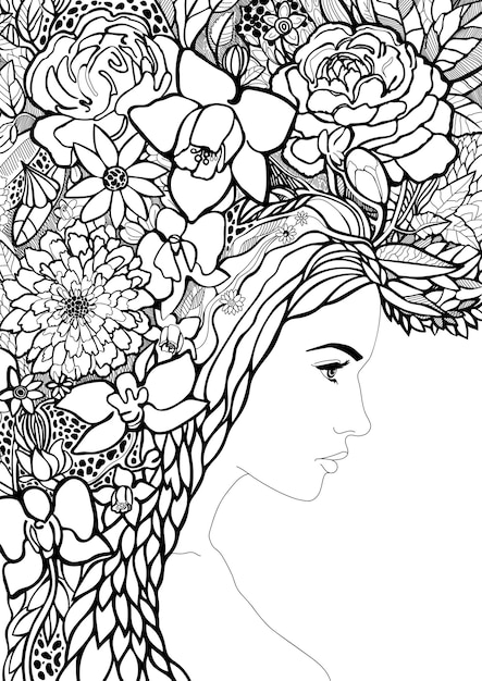 donna con i capelli di foglie e fiori Bouquet floreale sulla testa Illustrazione in bianco e nero