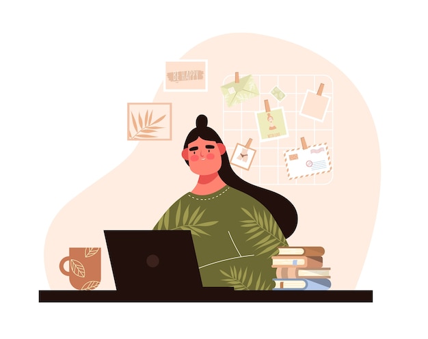 Donna Con Il Computer Portatile. Si siede A Tavola Con Il Caffè. Comunicazione in linea. Social media Educazione informatica