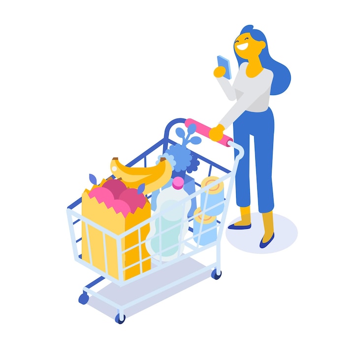 Vettore donna con illustrazione vettoriale isometrica del carrello supermercato