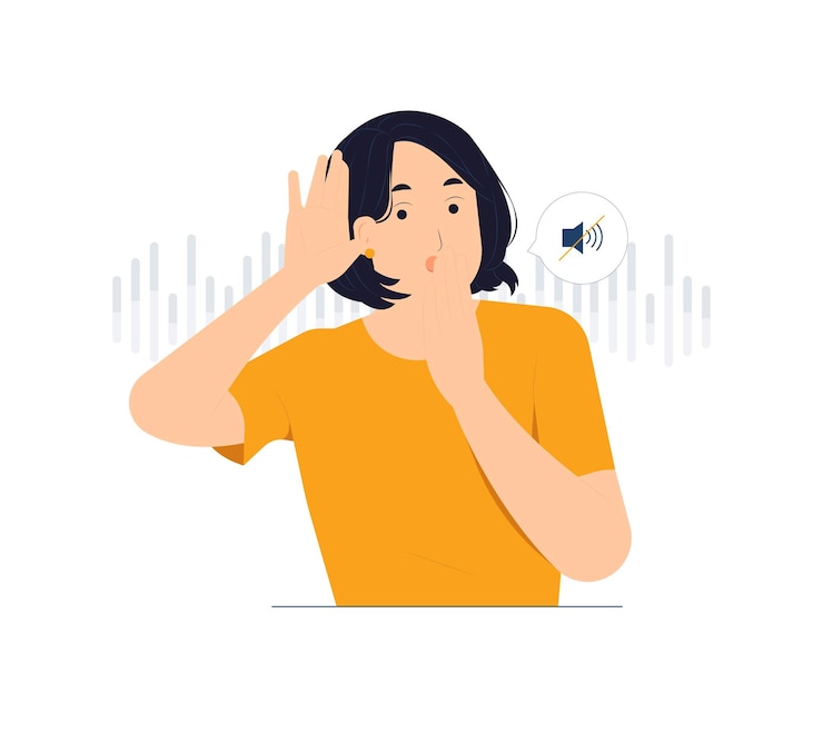 Vettore donna con la mano sull'orecchio che ascolta gli sconti sui pettegolezzi e le voci difficile da comprendere l'illustrazione del concetto di sordità della voce silenziosa