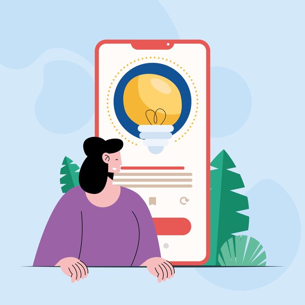 Donna con lampadina nel dispositivo smartphone