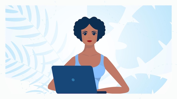 Vettore donna con laptop istruzione o concetto di lavoro illustrazione carina in stile piatto