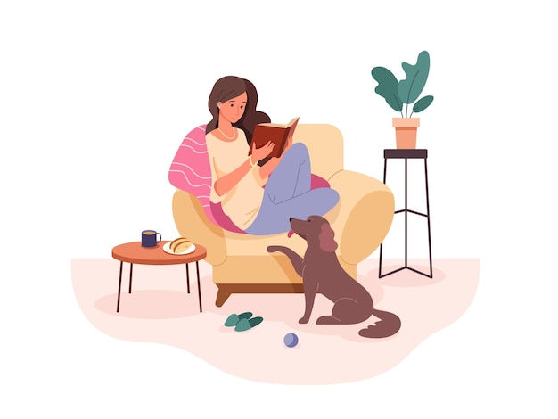 Donna con libro in poltrona Resto in accogliente divano appartamento donne hobby studio leggere libri comfort casa relax illustrazione vettoriale