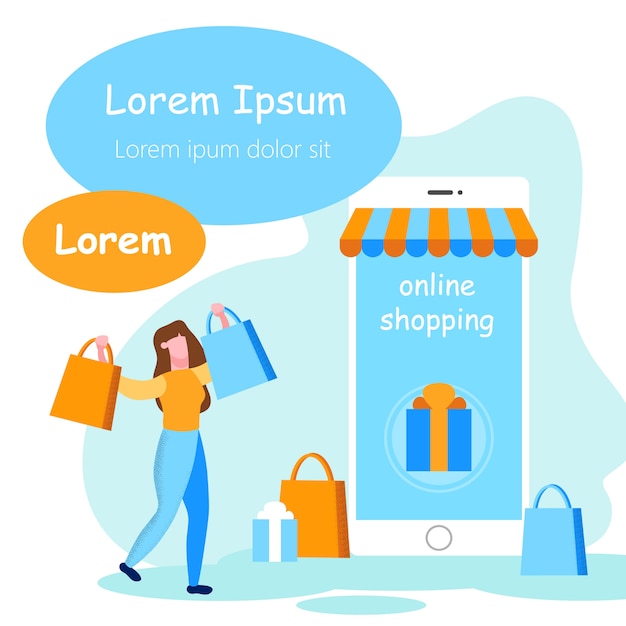 Donna con lo shopping vicino a smartphone. Negozio online.