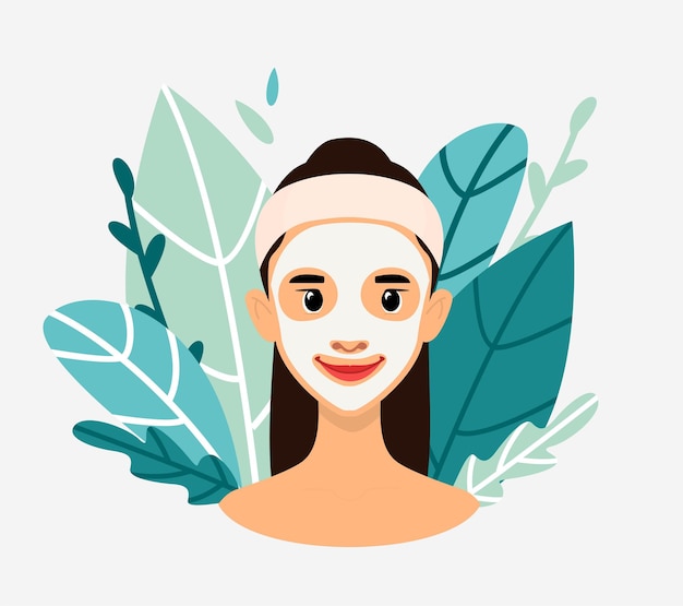 Donna con maschera facciale cosmetica. Sfondo floreale. Illustrazione vettoriale piatto isolato su sfondo bianco.