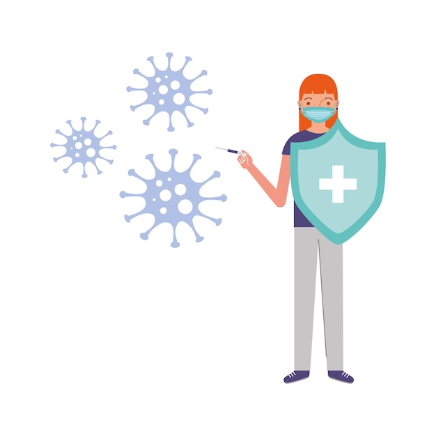 Donna con scudo tra il fumetto del virus covid 19. illustrazione vettoriale