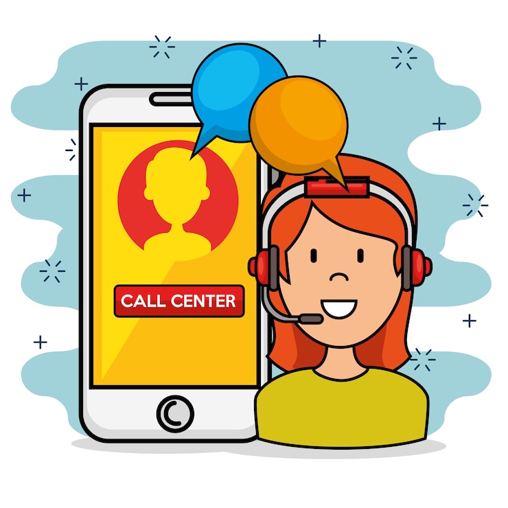 Vettore donna con servizio di supporto e smarphone che parlano in call center