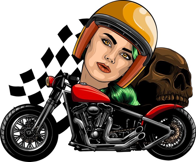 donna con teschio e moto su sfondo bianco