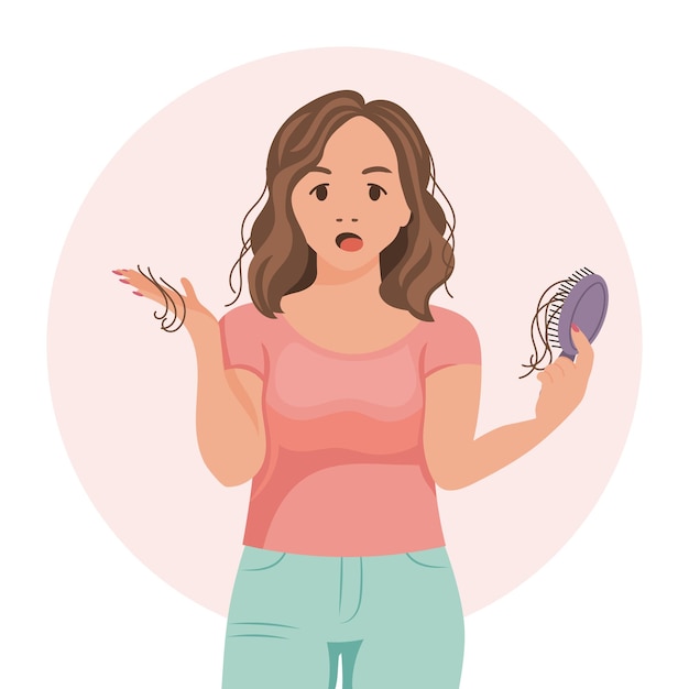 Donna con un pettine in mano Perdita di capelli alopecia problemi di capelli calvizie Vettore di illustrazione.