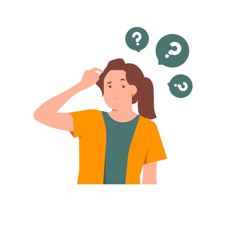 Vettore donna confusa preoccupata con un sentimento incerto decisione dubbia pensare con un'espressione seria e riflessiva segno domanda dilemma concetto indeciso illustrazione