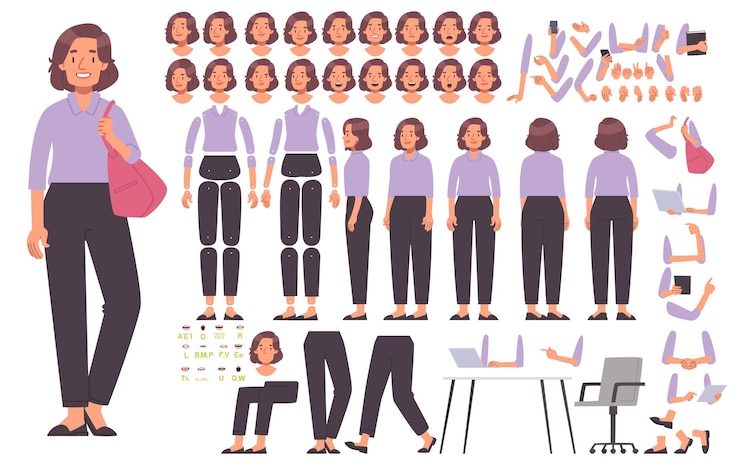 Vettore donna costruttore di personaggi donna d'affari diversi punti di vista pone emozioni animation_ai_generated