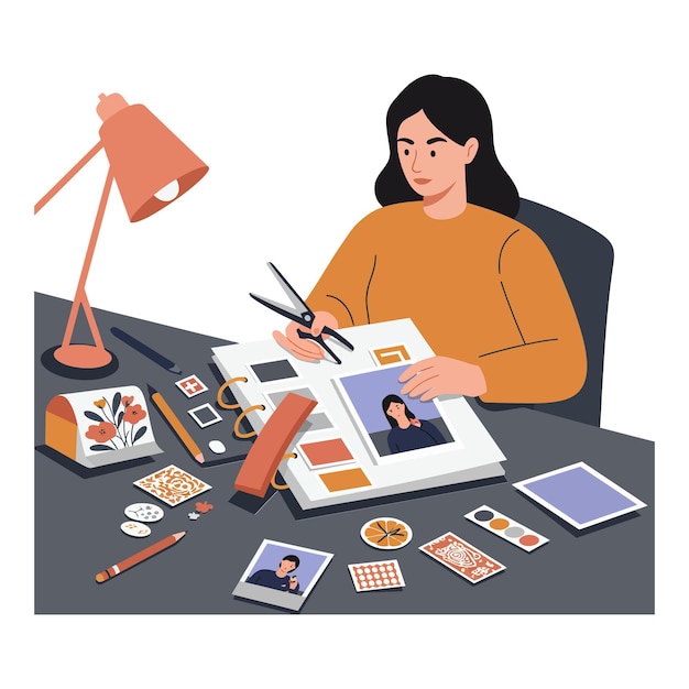 Donna creativa che lavora su un album di ritratti con elementi colorati in un'illustrazione vettoriale piatta