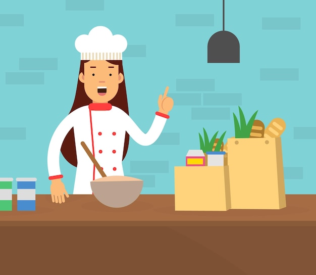 Donna cuoco al tavolo della cucina che dà istruzioni e illustrazione vettoriale della ricetta