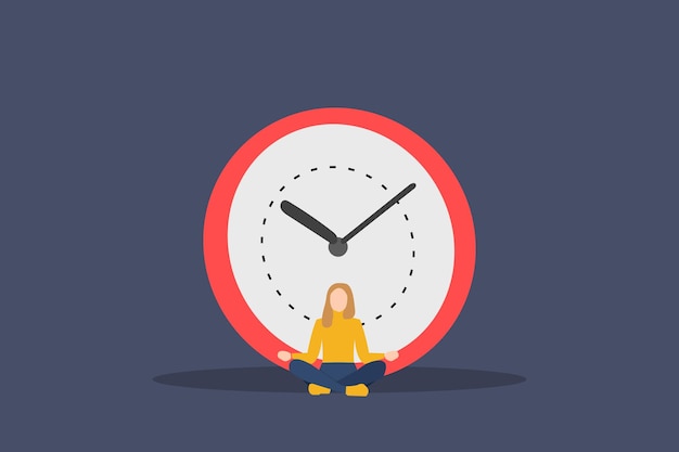 Donna d'affari che medita vicino agli orologi e trova equilibrio Concetto di pausa e tempo di arresto