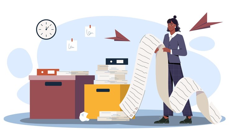 Vettore donna d'affari con una grande lista donna in abito con una lista di debiti o compiti gestione del tempo e pianificazione dell'organizzazione del flusso di lavoro illustrazione vettoriale piatta
