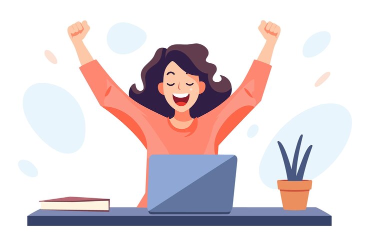Vettore donna d'affari gioiosa donna freelance illustrazione persona in sedia usa il computer per la comunicazione aziendale che mostra emozioni miste ambiente interno