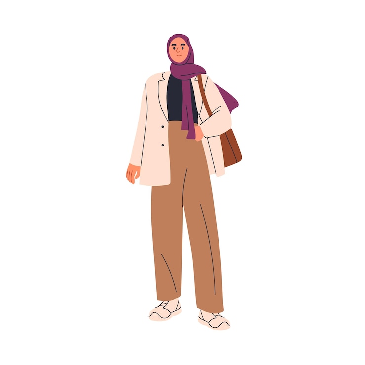 Vettore donna d'affari in hijab impiegata araba moderna che indossa un velo e un abito di moda imprenditrice musulmana professionista di ufficio illustrazione vettoriale piatta isolata su sfondo bianco