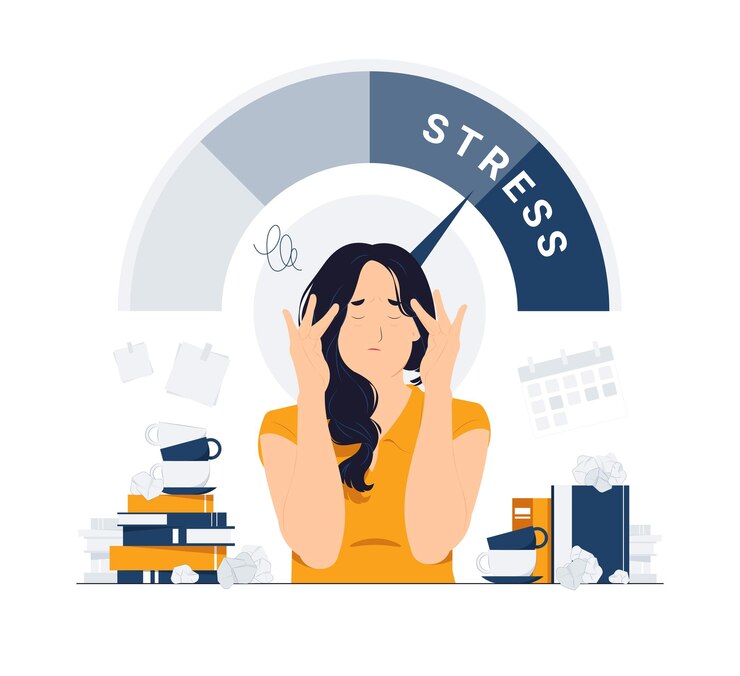 Vettore donna d'affari stanca che tiene i capelli sotto stress durante il lavoro mal di testa emicrania vertigini stanco scadenza frustrata stanchezza sensazione di esaurimento a causa dell'illustrazione del concetto di superlavoro