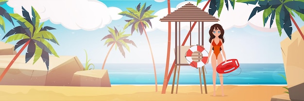 Donna del bagnino della spiaggia sulla spiaggia con le palme. Ragazza in costume da bagno rosso. cartone animato