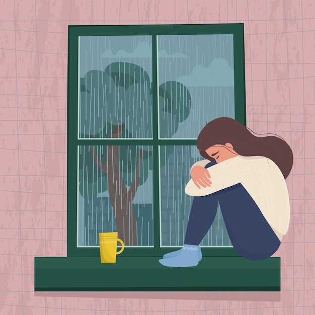 Donna depressa seduta vicino alla finestra. Concetto di depressione stagionale. Illustrazione vettoriale carina in auto