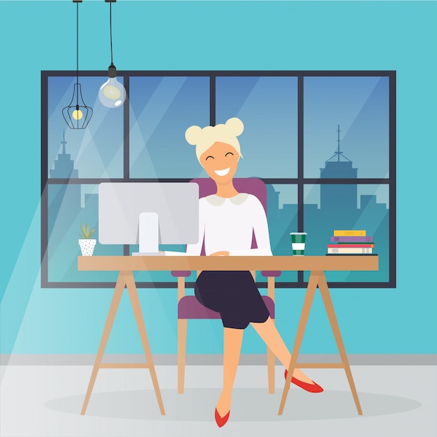 Donna di affari che lavora alla sua scrivania. Concetto di business moderno design piatto.