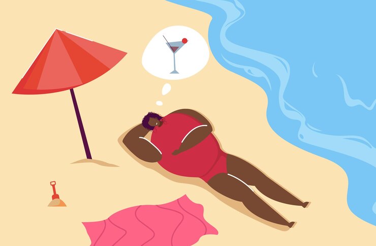 Vettore donna di colore che prende il sole sulla spiaggia e pensa al cocktail. personaggio femminile assetato sdraiato sulla sabbia di acqua piatta illustrazione vettoriale. estate, concetto di vacanza per banner, design di siti web o landing page