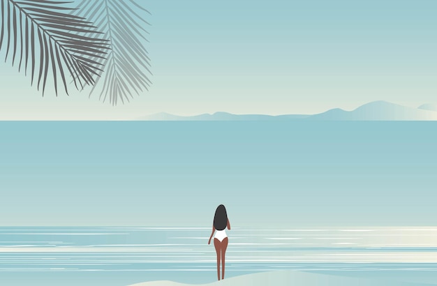 Donna di concetto di vacanze estive in piedi sulla scena della spiaggia illustrazione vettoriale