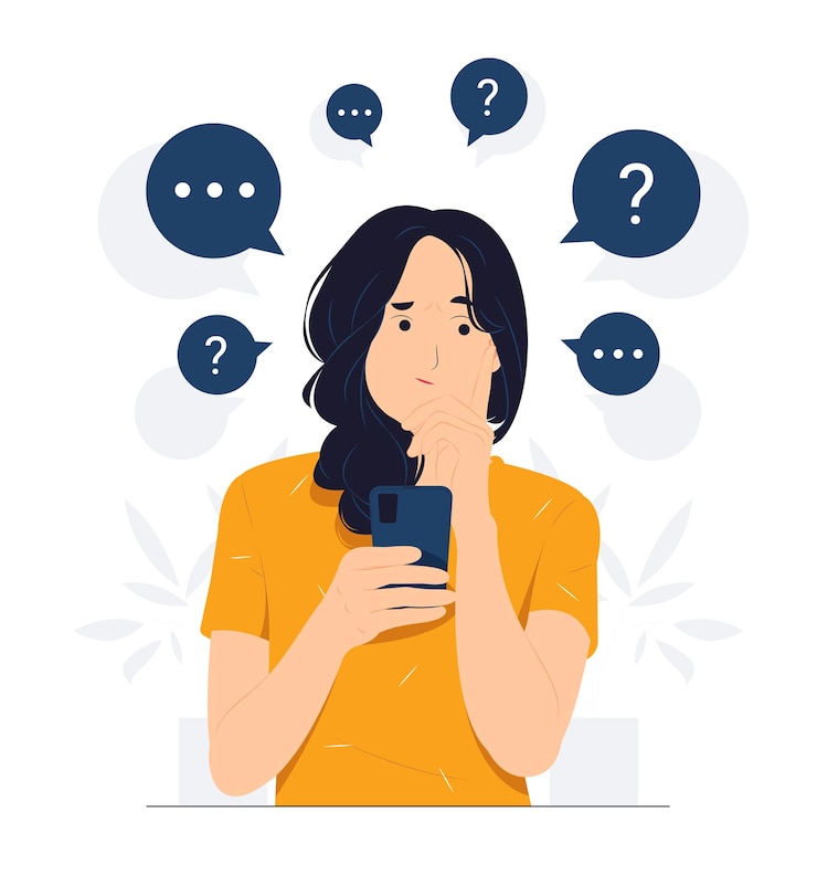 Vettore donna di pensiero che si sente confusa che tiene il telefono cellulare con il punto interrogativo che osserva in su con l'illustrazione di concetto di espressione concentrata premurosa
