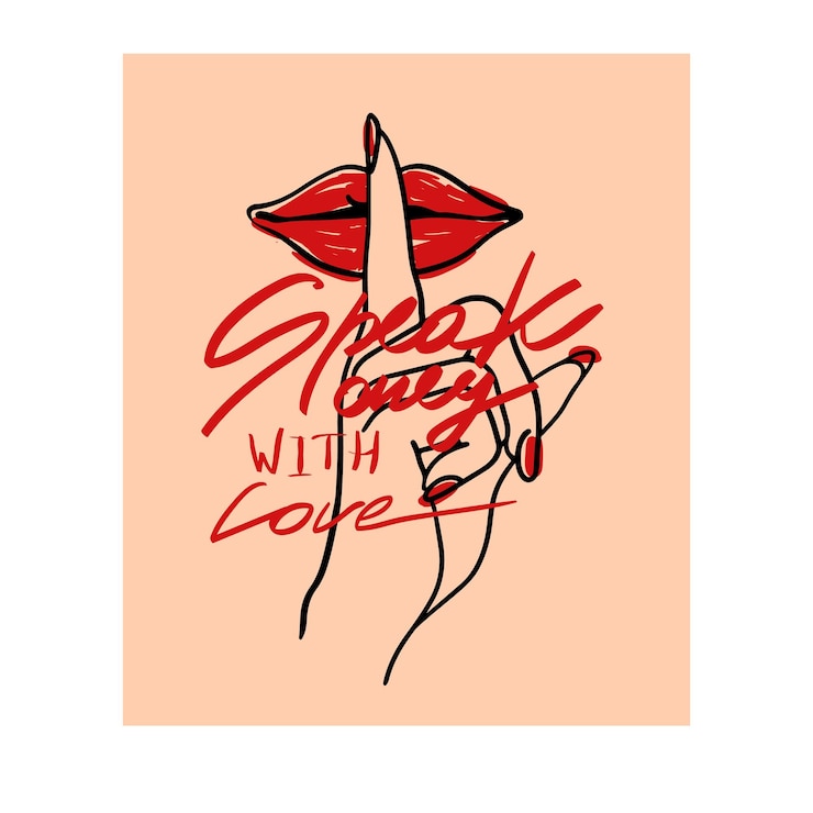 Vettore donna di slogan di tipografia con il dito sull'illustrazione delle labbra